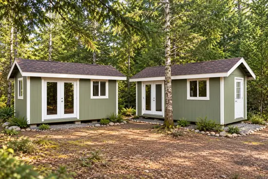 Two sage-green Joint Builders sheds with white trim in a wooded setting