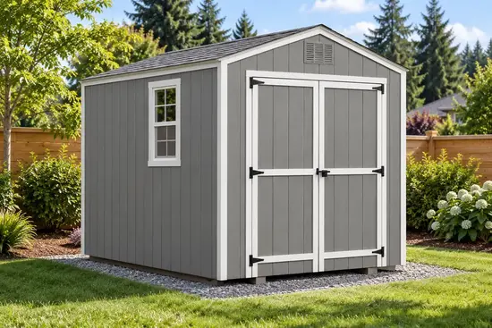 Essential Series visualization showing a gray shed with white trim, double doors and side window