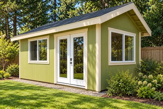 Premier Series visualization with green siding, cream trim, French doors and large windows