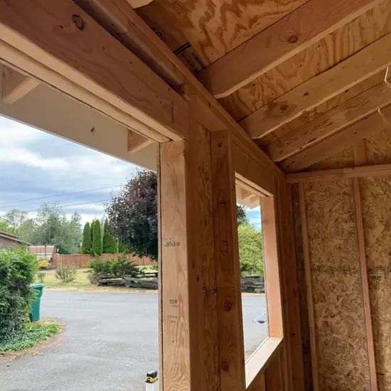 Actual shed construction showing wood wall framing, window and door headers, rafters, and roof sheathing