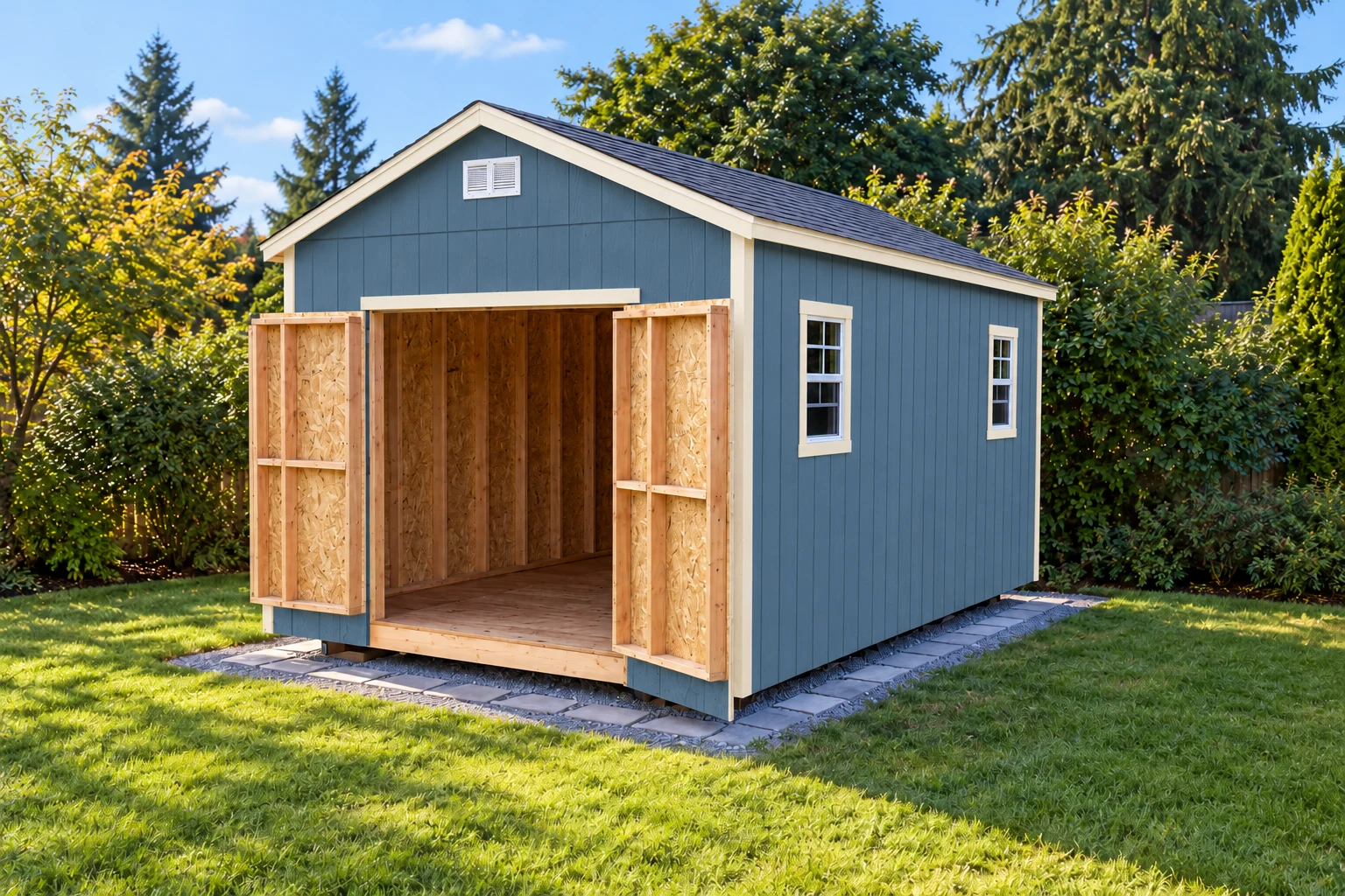 Enhanced Signature project photo with slate-blue siding, warm ivory trim, open double doors and two side windows; paint and options shown are illustrative